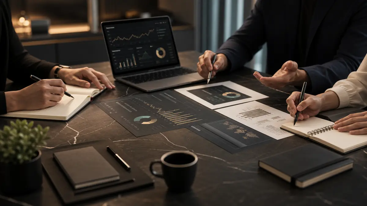 Mesa de trabajo con análisis de portafolio y colaboración financiera